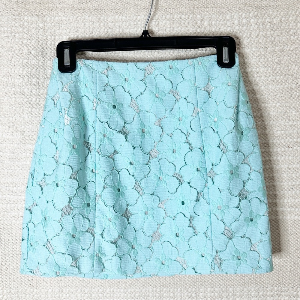 DIANE VON FURSTENBERG DVF blue floral lace Clyde mini skirt 0